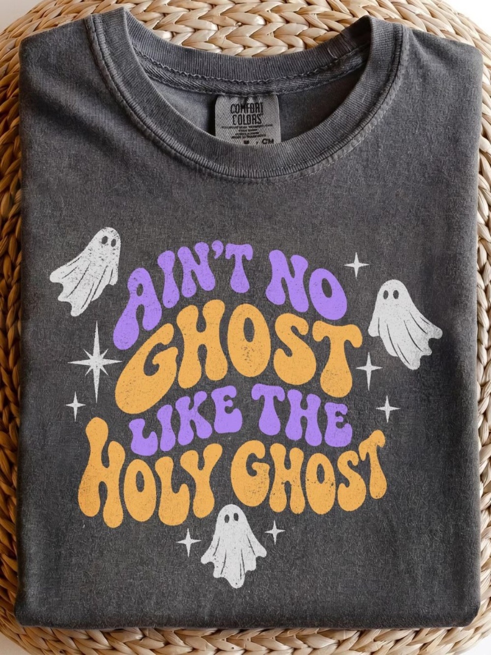Comfort Colors Pepper Short Sleeve Tee with Purple & Gold Retro Ghost Graphic
